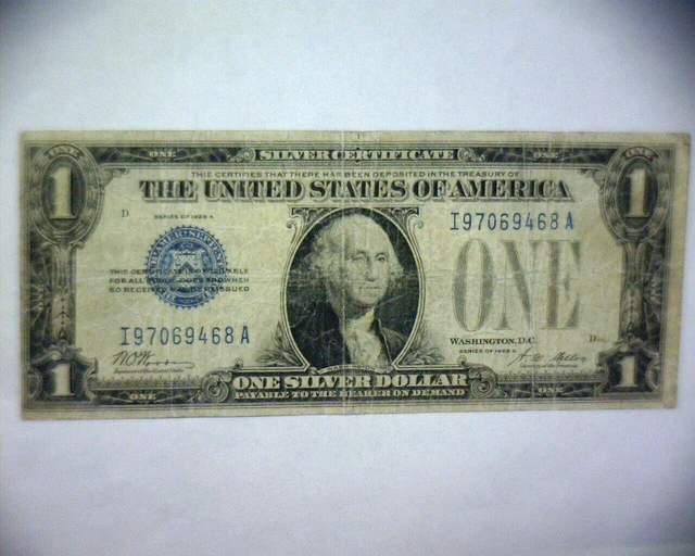 1928 A  One Dollar $1 Silver Certificate Funny Back, Blue Seal, No Motto