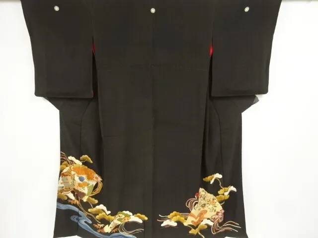 11073# Japanese Kimono / Antique Tomesode / Embroidery / Fan & Shochikubai