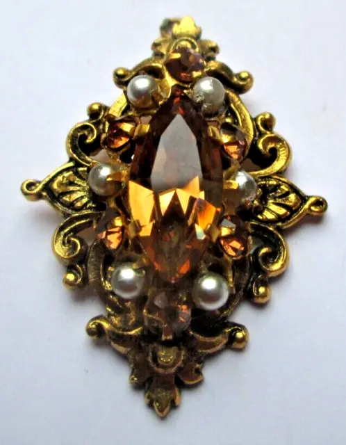 Ancien pendentif couleur or cristaux navette topaze perles bijou vintage 5656