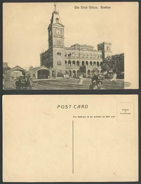India Old Postcard The Dock Offices Bombay Clock Tower Street Scene Natives Cart