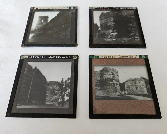 Job Lot 4 x Antique B&W Magic Lantern Slides of PEVENSEY CASTLE, Sussex