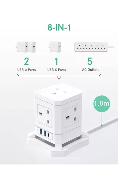 Cube Extension Lead with USB, KOOSLA [𝟯𝟬𝗪 𝗣𝗗]Surge Protection Power Strip 5 2