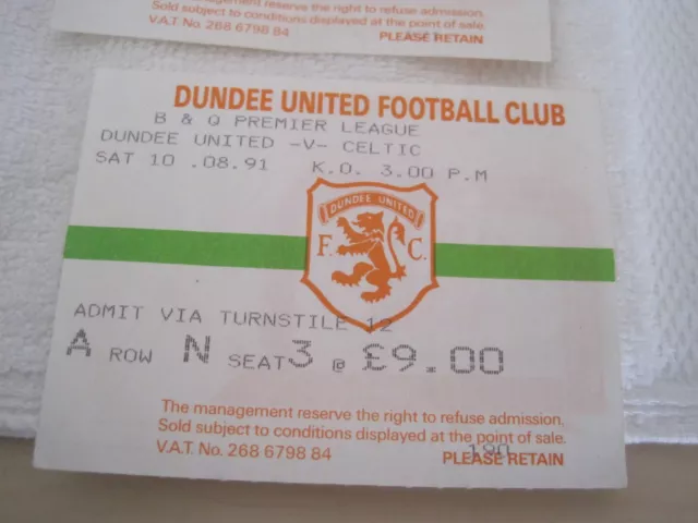 Dundee United v Celtic ticket stub - 10/08/91 - premier league