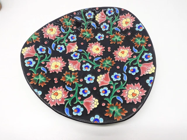 *BELLE ANCIENNE ASSIETTE CERAMIQUE  LONGWY NOIRE FLEURS MULTICOLORES Déco 5670 D 24