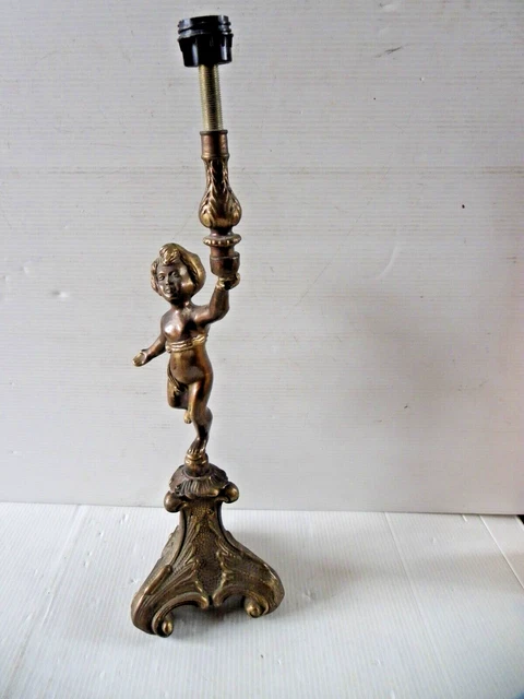 Pied De Lampe Ancien En Laiton - Statuette Ange Chérubin - Style Rétro