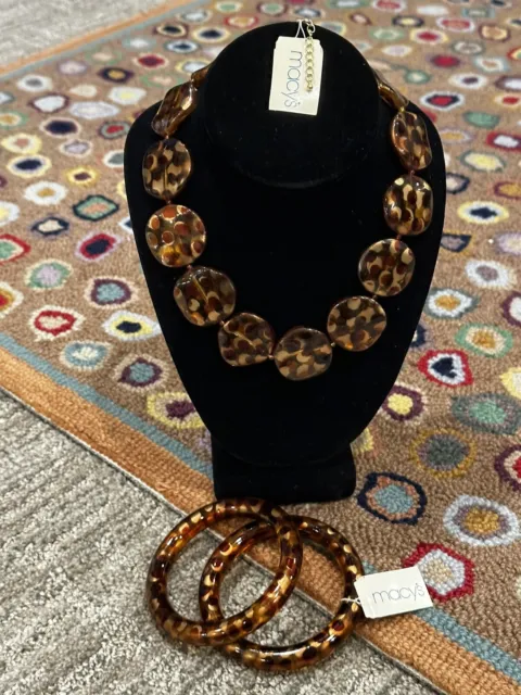 MACY'S TORTOISE GOLD Lucite Bead Necklace 2 Bangle Bracelets Vintage ...