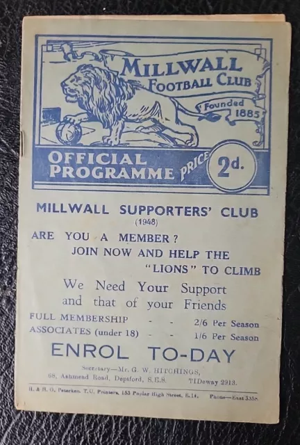 Programme Millwall V Swindon Town 1948 / 1949 Division 3 South Christmas Day!