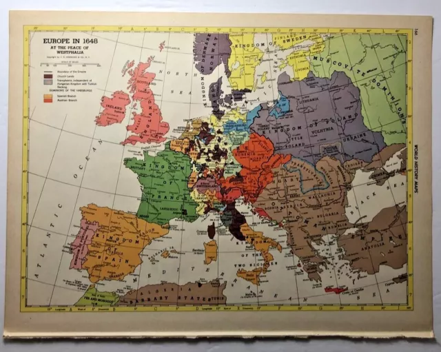 1950's Vintage EUROPE IN 1648 Antique Atlas Map - Hammond's New World Atlas