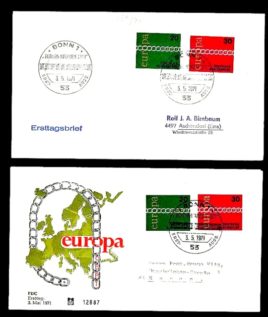 2 Ersttagsbriefe " EUROPA " ; Mi.-Nr: 675/76; ESSt: 53 Bonn , 3.5.1971