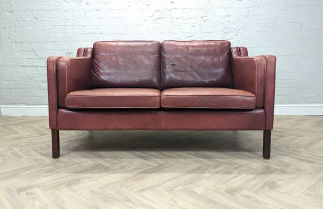 Mid-Century Vintage Retro Danish Claret Red Leather 2 Seater Sofa by Stouby