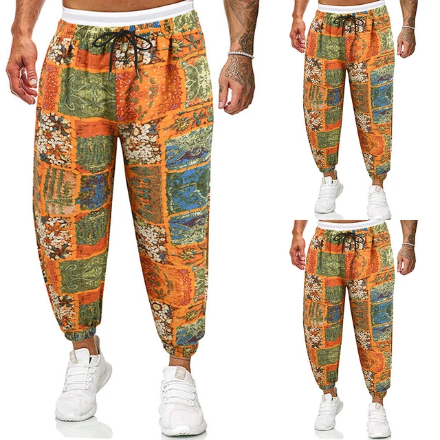 Men's Drawstring Printed Elastic Waist Long Pants Summer Casual Loose  Trousers