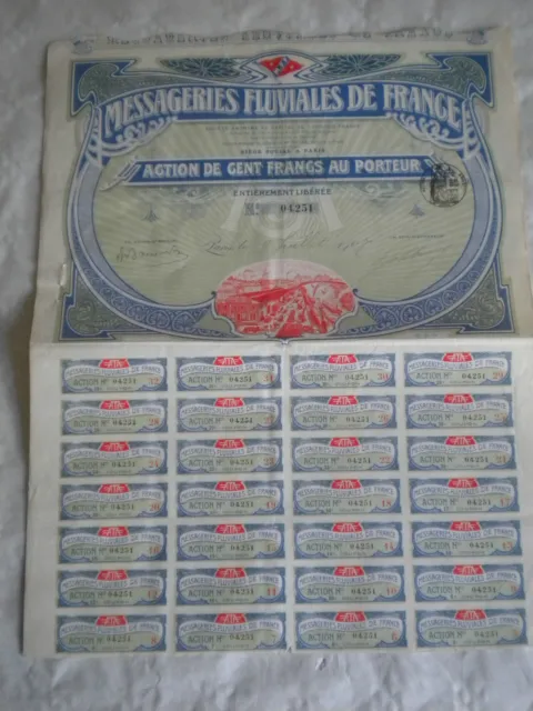Vintage share certificate Stocks Bonds Messageries fluviales de France green 07