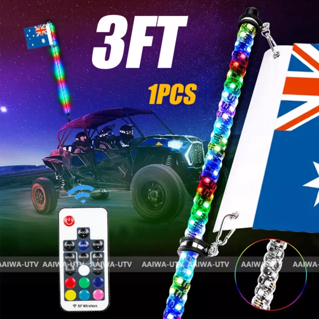 3ft Spiral RGB LED Whip Light Antenna W/AU Flag & Remote For ATV UTV Polaris RZR