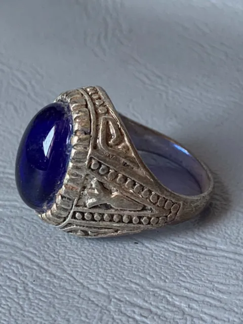 Rare Ancient Roman Ring Old Silvered Jewelry Finds European With Blue Stone