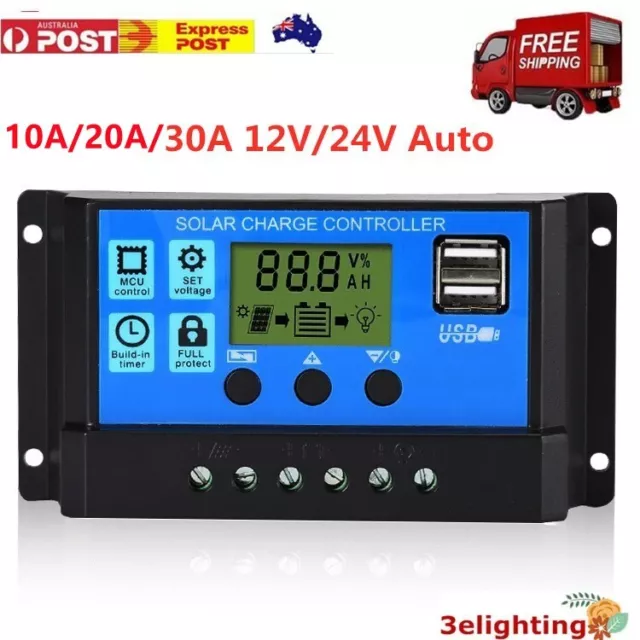 Solar Panel Charge Controller Regulator 12V/24V auto dual USB 30A Battery PWM AU