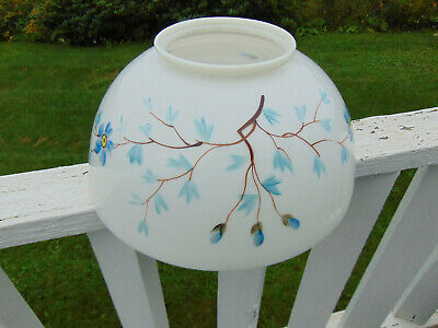Antique Victorian Hanging Oil Lamp Hand Painted Florals in Blue 14" Glass Shade