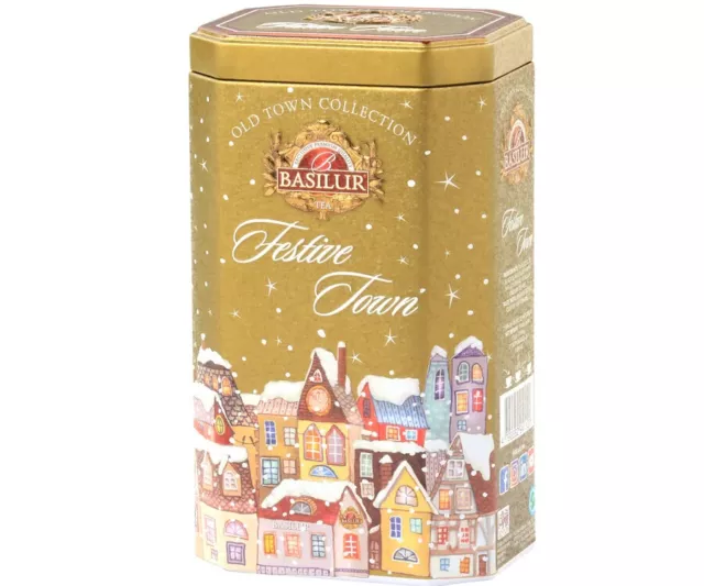 Basilur Old Town Collection Festive Town Gold beautiful Tin Caddy 75g