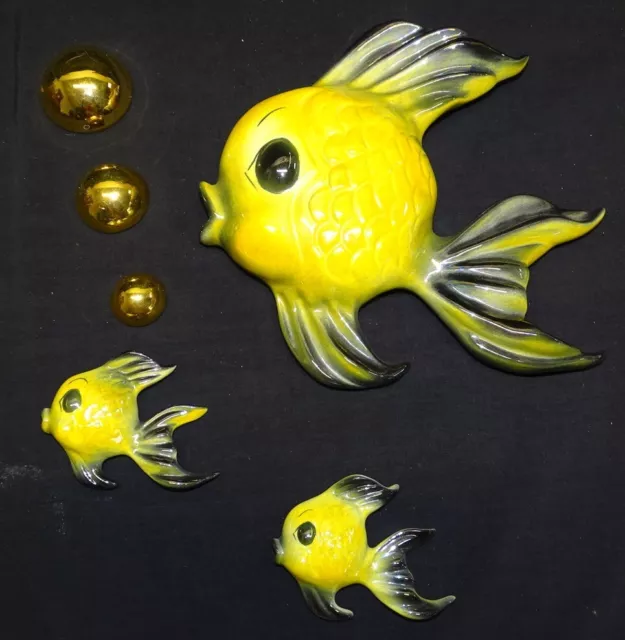 Ceramicraft California Pottery 3 Yellow & Black Fish with 3 Gold Bubbles 2