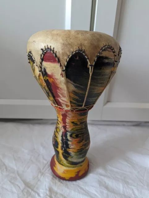 Vintage Tunisian Djembe Type African Clay Drum - 8" Tall, 5" Diameter