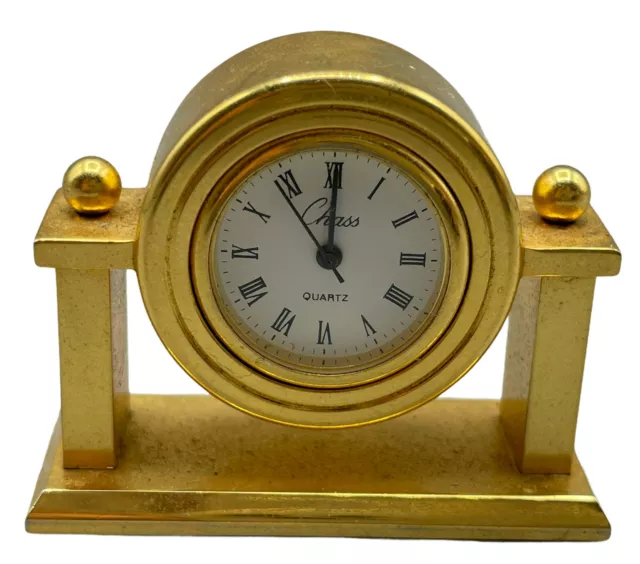 CHASS Quartz Gold Tone Desk Clock Vintage Hong Kong Japan Movement Roman Numeral