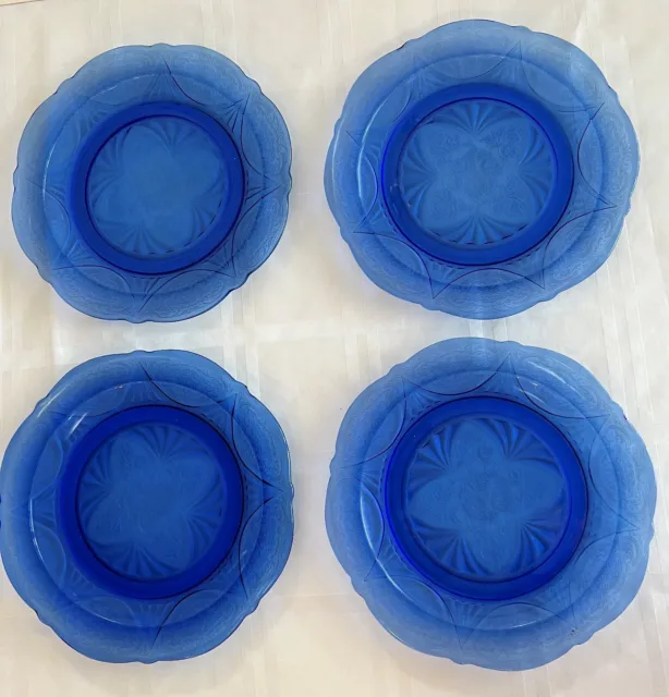 Set of 4 Hazel Atlas ROYAL LACE COBALT BLUE DINNER PLATES Depression glass