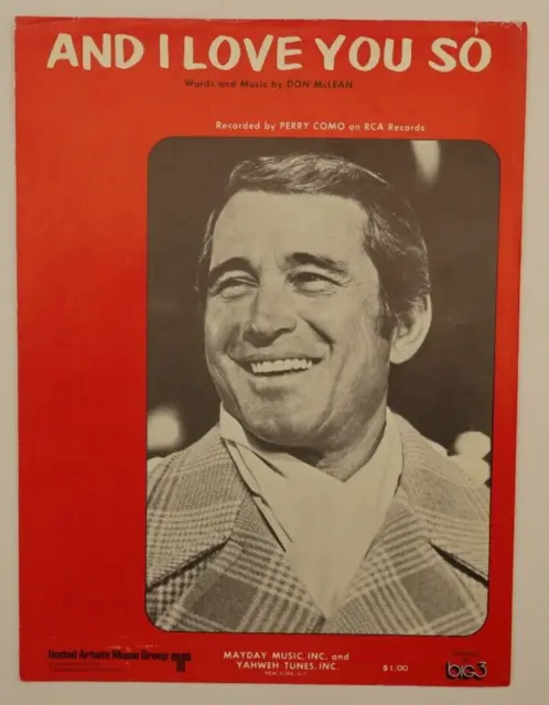 And I Love You So By Don McLean - Perry Como - 1970 Sheet Music