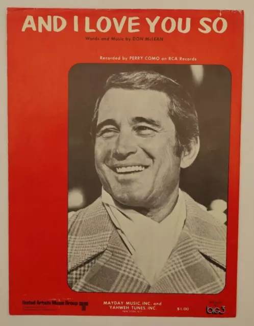 And I Love You So By Don McLean - Perry Como - 1970 Sheet Music