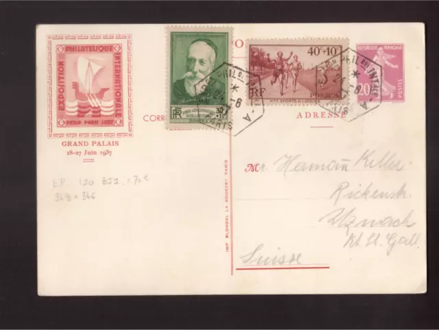 FR ENTIER POSTAL 190BJ 1 + 343 et 346 CP EXPO PEXIP 1937 POUR SUISSE Rare