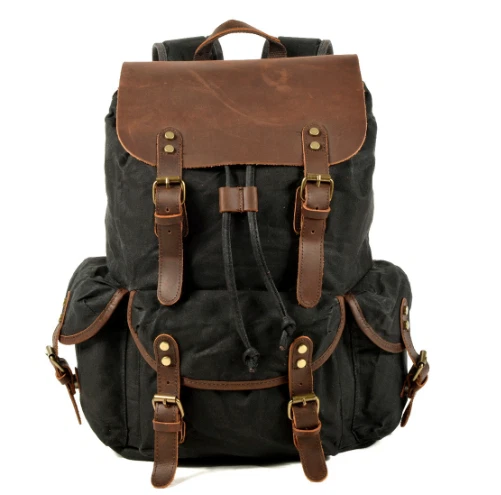 new Casual Vintage Backpack draw rope men's oil wax canvas Bag Travel Backpack