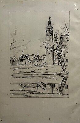 Dibujo Hans Salzmann 1900-1979 #40 Castillo Torre Parque Weimar