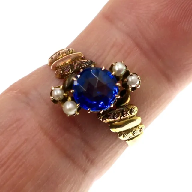 Victorian 10k Solid Yellow Gold 1ct Lab Blue Sapphire and Pearl Ring Size 6.75