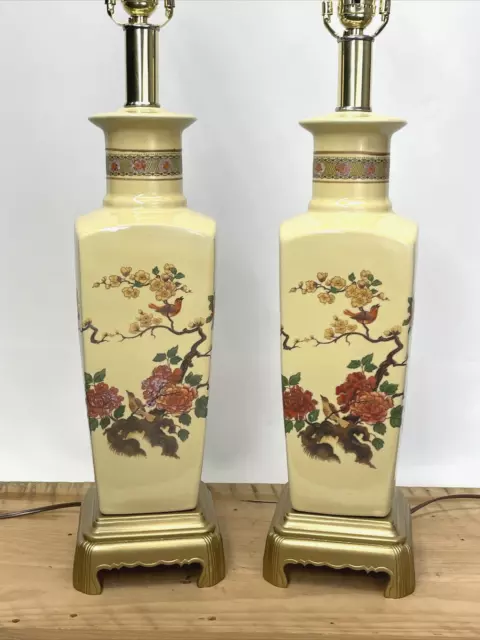 Pair 2 Vtg MCM Table Lamps Asian Ginger Jar Mid Century Modern Yellow Gold Red