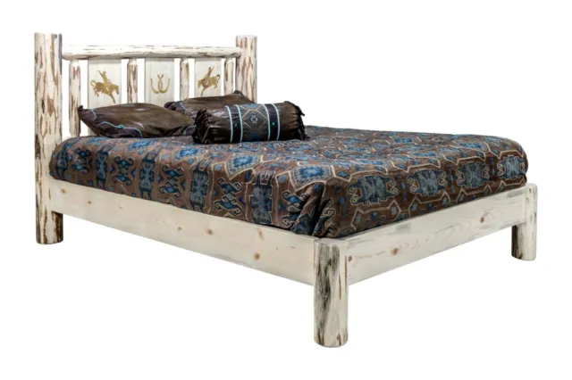 Rustic LOG Platform Bed KING Etched Western Unique Amish Made Lodge Bear Elk