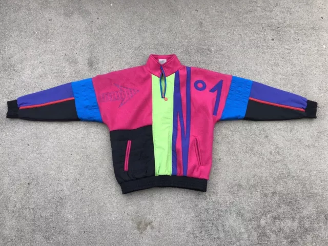 Vintage 1980's 1990's Adidas NEON Color Block Fleece Pullover size: M Hip Hop
