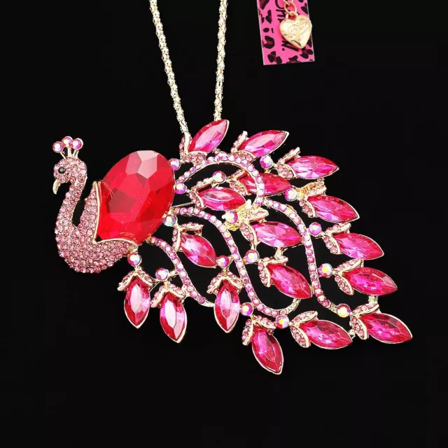 Betsey Johnson Crystal Rhinestone Large Peacock Pendant Sweater Chain Necklace