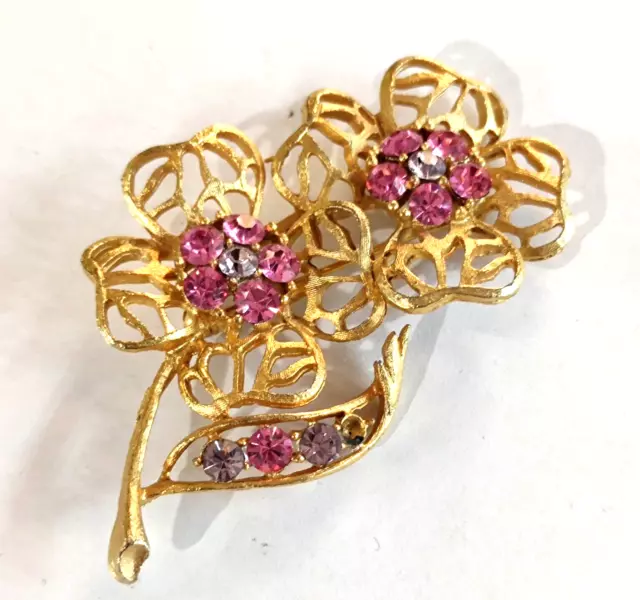 spilla vintage americana fiore con cristalli rosa anni 60 vtg flower brooch