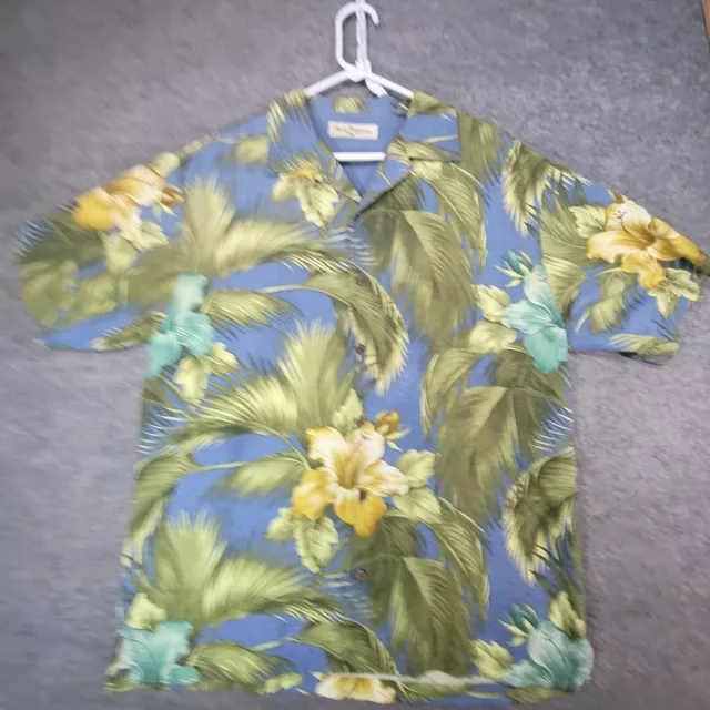 Tommy Bahama Shirt Mens Medium Blue Green Floral Hawaiian Short Sleeve Silk
