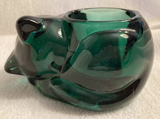 Sleeping Cat Emerald Green Votive Candle Holder Paperweight Indiana Glass