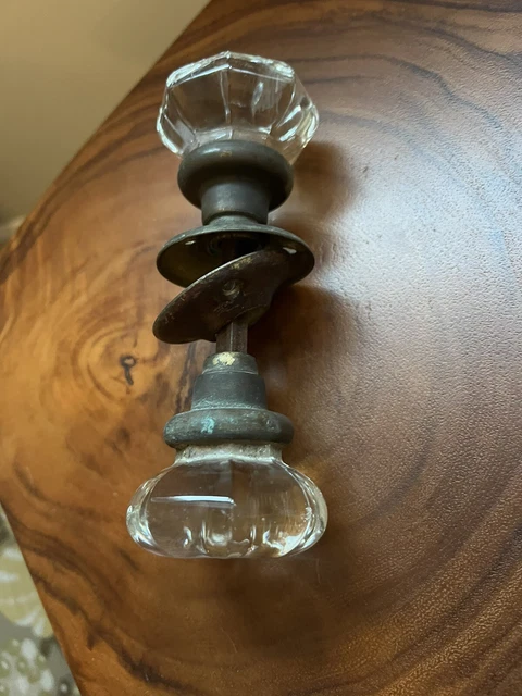 Vintage Glass Brass Door Knob 8 Point 2 Knobs Rod Spindle