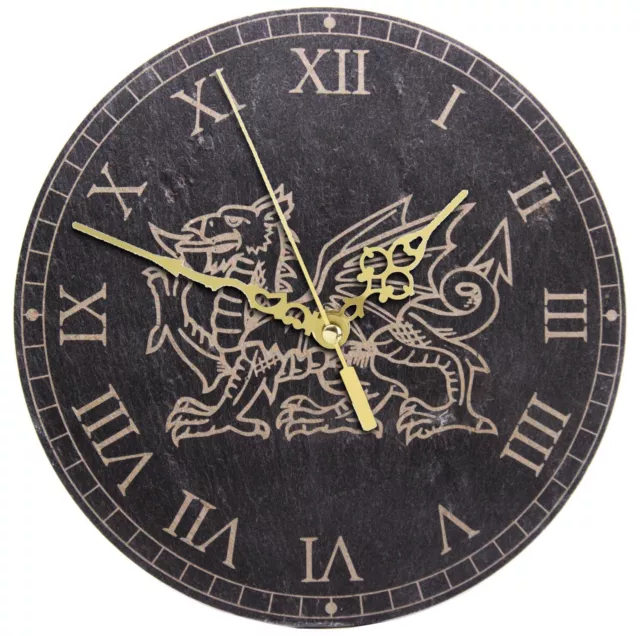 Genuine Welsh Slate Wall Clock With Welsh Dragon Design, Silent Non-Ticking (RN)