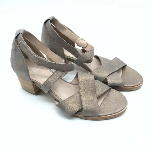 Eileen Fisher Womens Sandals Block Heel Leather Metallic Gray Hook & Loop 6.5