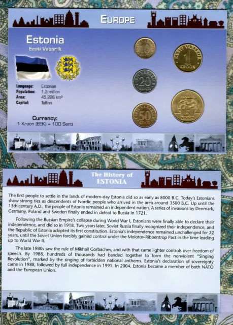 Littleton World Coin Set Estonia w/card 5 coin UNC 1994-2004 5 Krooni 1994