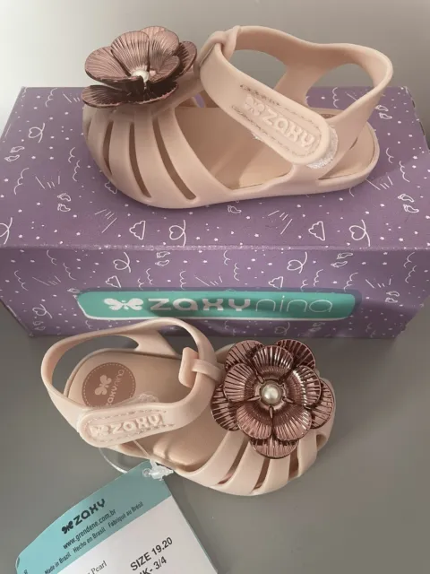 ZAXY UK Size 3/4 Baby Girls Blush Pearl Shiny Flower Rose Gold Sandals
