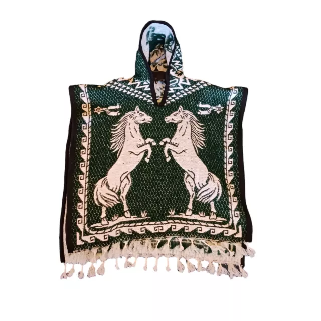 Mexican Poncho For Kids Or Small Adult, One Size Horse Design  Green