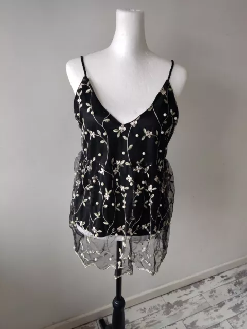 Bnwt Qed Ldn women Black embellished Party Pearls Broderie vest top size L 10 12