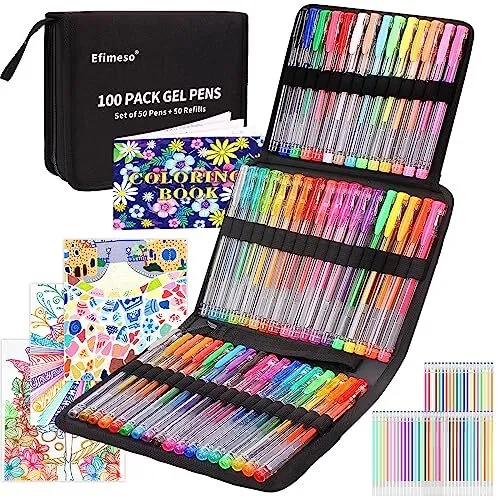 Efimeso 100 Pack Gelschreiber Gelstifte Set 50 Glitter Gel Stifte mit 50 Nach...