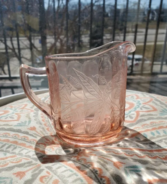 JEANETTE DEPRESSION GLASS "FLORAL POINSETTIA" PINK CREAMER Antique 1930s