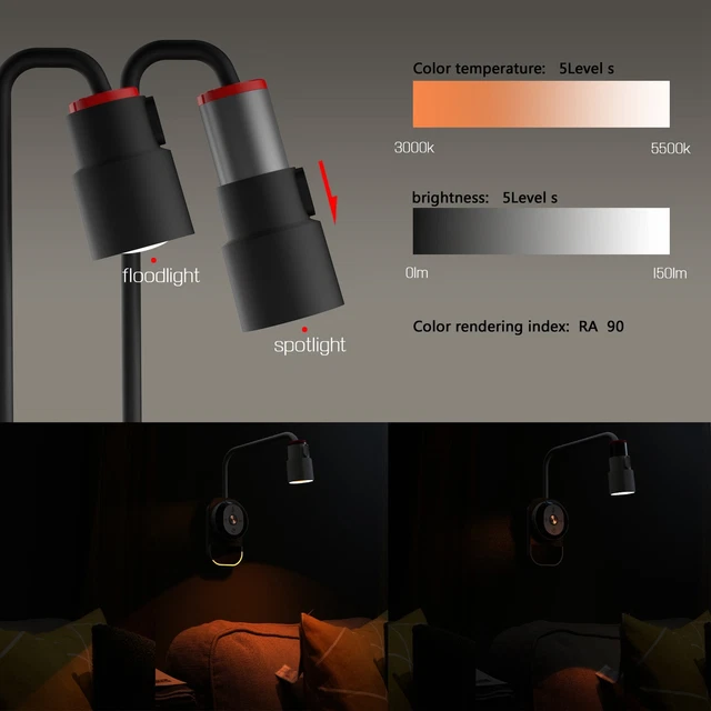 LED Reading Light Black Eye Protection LED Rechargeable Remote Control Wall