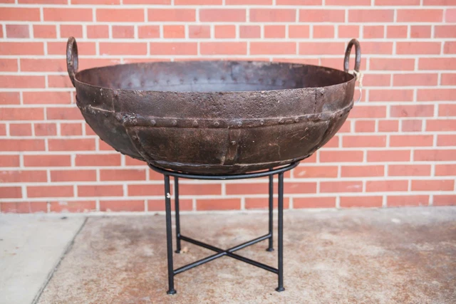 Outdoor Vintage Fire Pit with Stand, Rustic Metal Bowl, Kadai Bowl Primitive