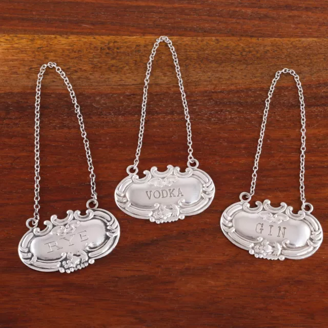 3 Matching American Rococo Sterling Silver Bottle Tags Vodka,Rye,Gin No Mono